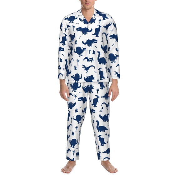 Mens Pajamas Set, Dinosaurs Blue Silhouette Button Down Long Sleeve Loungewear Sleepwear Pjs sets for Men