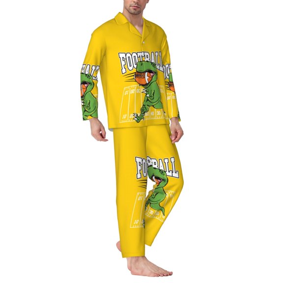 Mens Pajamas Set - Dinosaurs Playing Football Comfy Long Sleeve Button Up Pajama Sets for Men 2 Piece, Soft Sleepwear Nightwear Pjs Lounge Sets for Men with Pockets