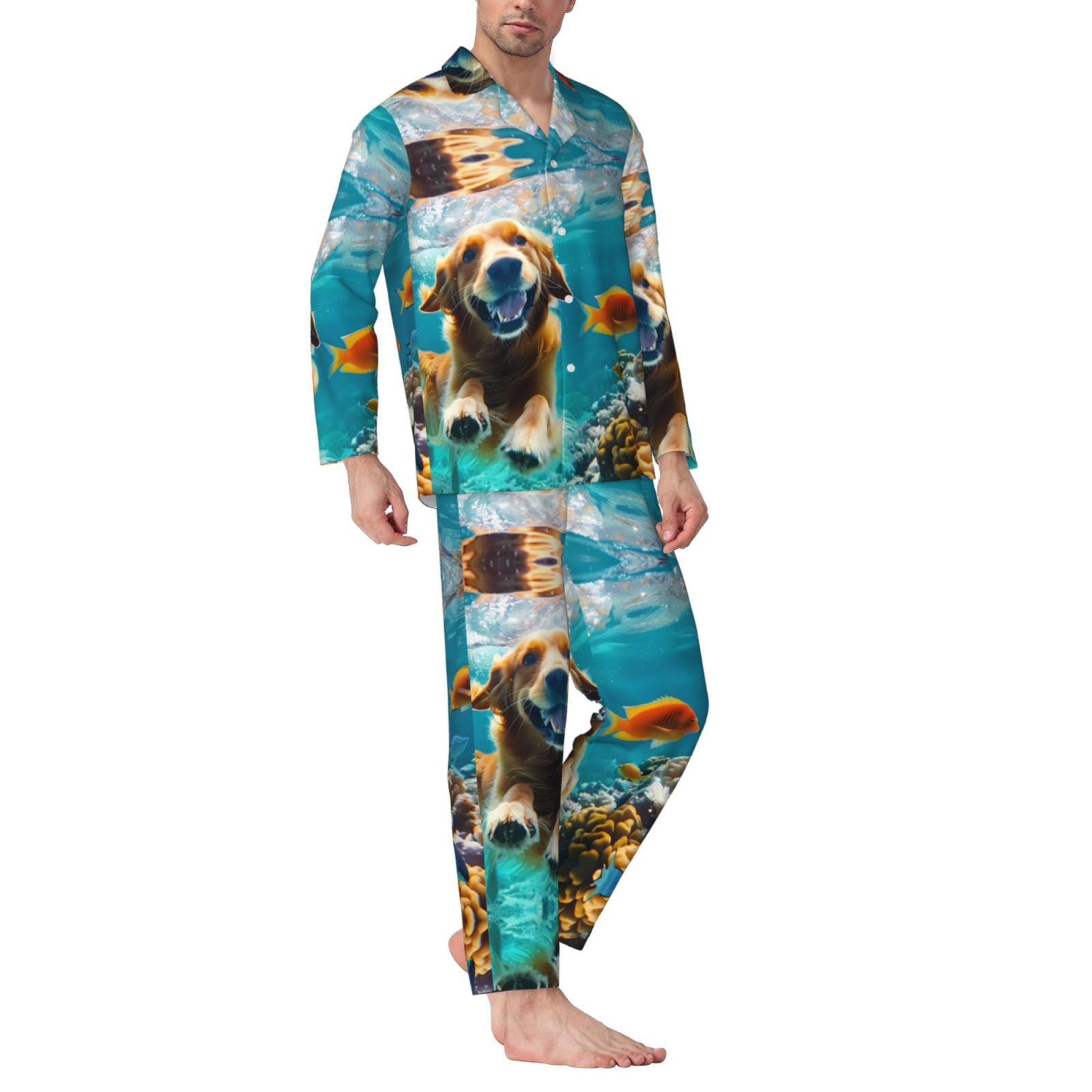 Mens Pajamas Set - Dog Underwater Adventure Comfy Long Sleeve Button Up ...