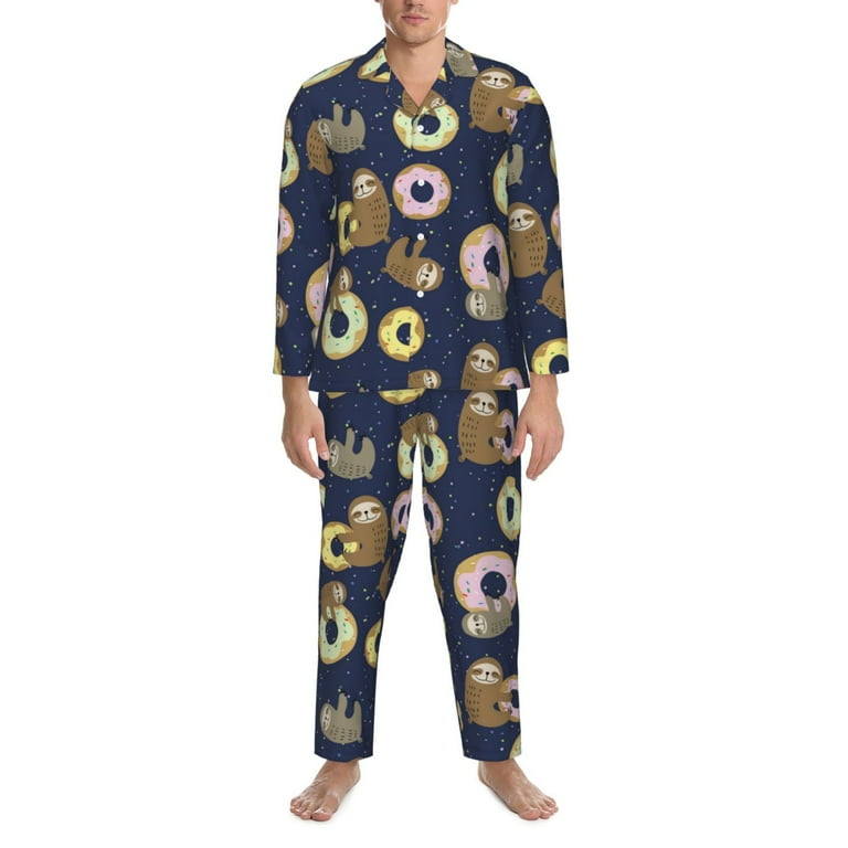 Mens Pajamas Set Donut Sloth Print Soft Comfy Long Sleeve Button Up Pajama Sets for Men 2 Piece Sleepwear Nightwear Pjs Lounge Sets for Men with