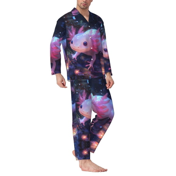 Mens Pajamas Set - Dreamy Bioluminescent Axolotl C Comfy Long Sleeve Button Up Pajama Sets for Men 2 Piece, Soft Sleepwear Nightwear Pjs Lounge Sets for Men with Pockets
