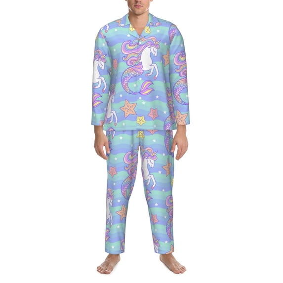 Mens Pajamas Set, Dreamy Colorful Fishtail Horse Button Down Long Sleeve Loungewear Sleepwear Pjs sets for Men
