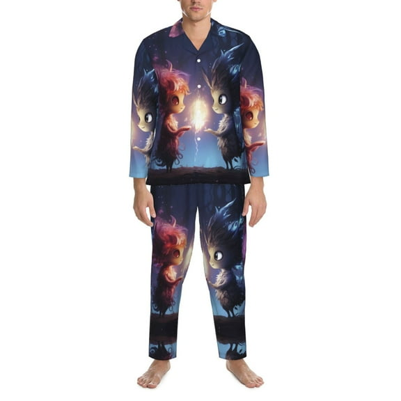 Mens Pajamas Set - Dreamy Forest Elf Comfy Long Sleeve Button Up Pajama Sets for Men 2 Piece, Soft Sleepwear Nightwear Pjs Lounge Sets for Men with Pockets