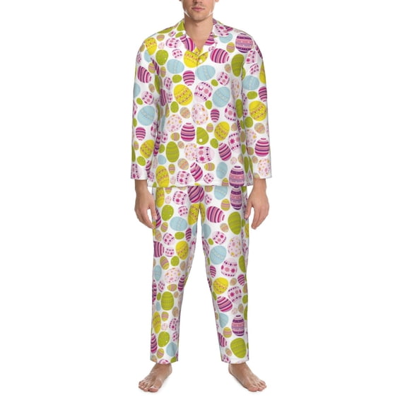 Mens Pajamas Set, Easter Egg Button Down Long Sleeve Loungewear Sleepwear Pjs sets for Men