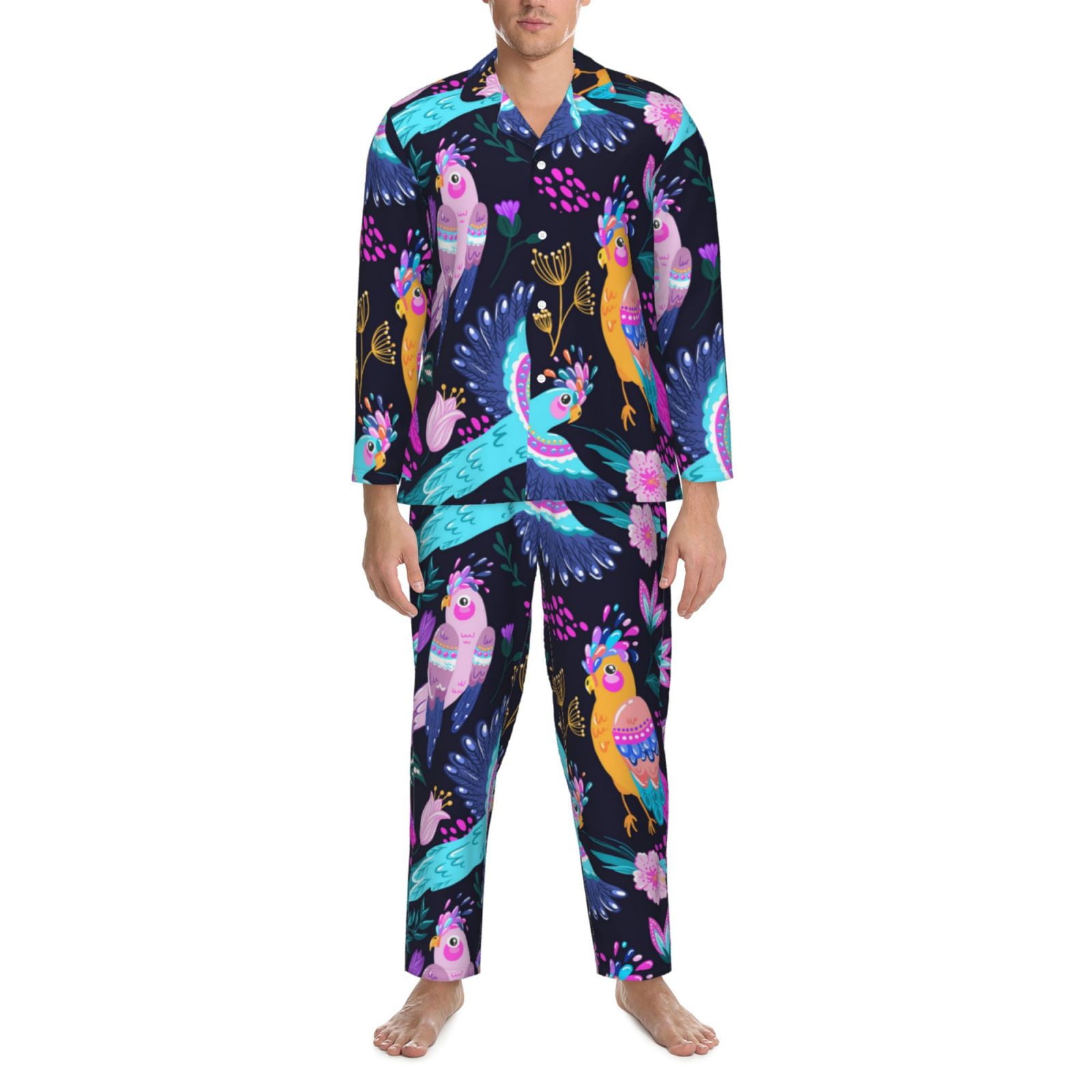 Mens Pajamas Set, Exotic Multicolor Cockatoo Parrot Button
