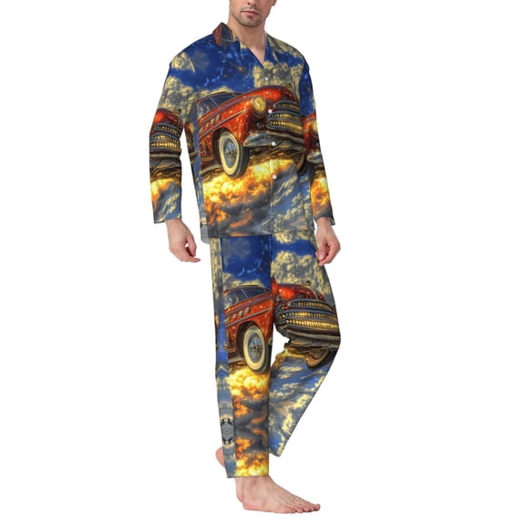 Mens Pajamas Set - Exploding Vintage Car Comfy Long Sleeve Button Up Pajama Sets for Men 2 Piece, Soft Sleepwear Nightwear Pjs Lounge Sets for Men with Pockets