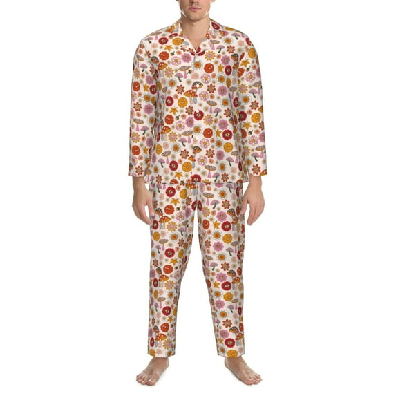 Mens Pajamas Set - Fall 70s Groovy Hippie Comfy Long Sleeve Button Up Pajama Sets for Men 2 Piece, Soft Sleepwear Nightwear Pjs Lounge Sets for Men with Pockets