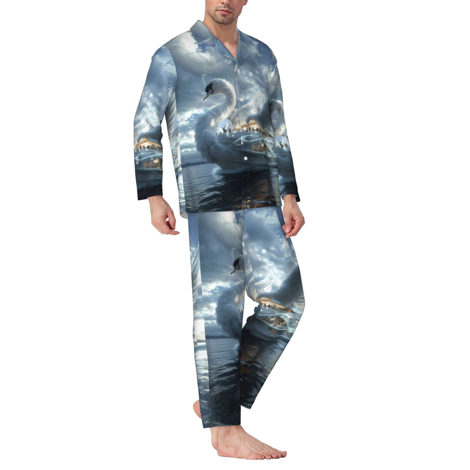 Mens Pajamas Set - Fantasy Swan Yacht Design Comfy Long Sleeve Button ...
