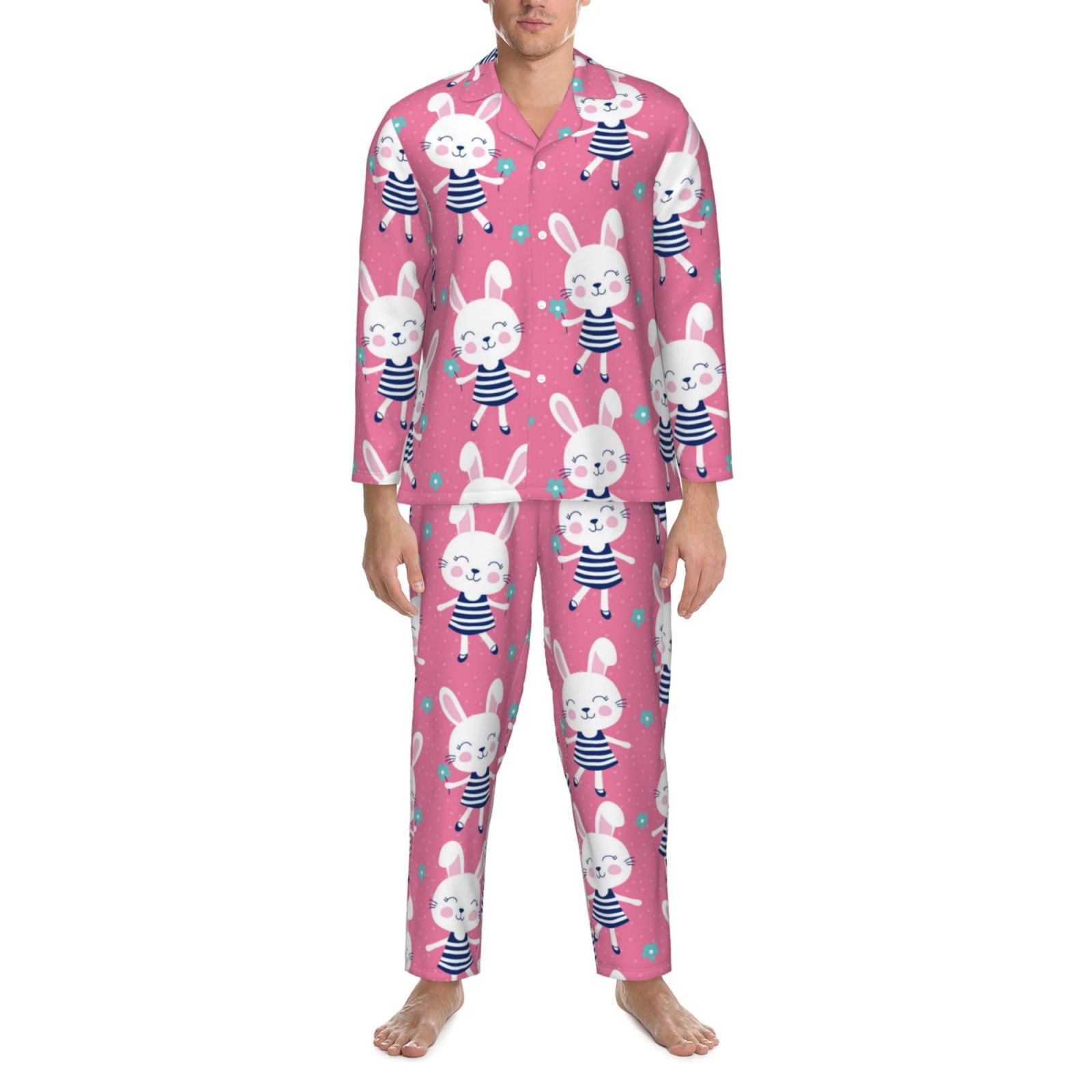 Mens Pajamas Set - Feminine Pink Cute Rabbit Flower Soft