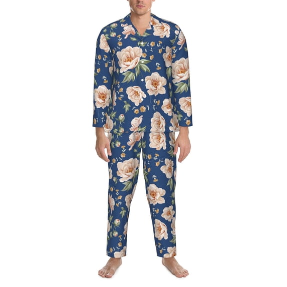 Mens Pajamas Set, Flower print G Button Down Long Sleeve Loungewear Sleepwear Pjs sets for Men