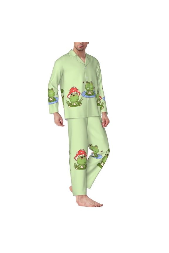 Mens Pajamas Set - Frog Amanita Mushroom Comfy Long Sleeve Button Up Pajama Sets for Men 2 Piece, Soft Sleepwear Nightwear Pjs Lounge Sets for Men with Pockets