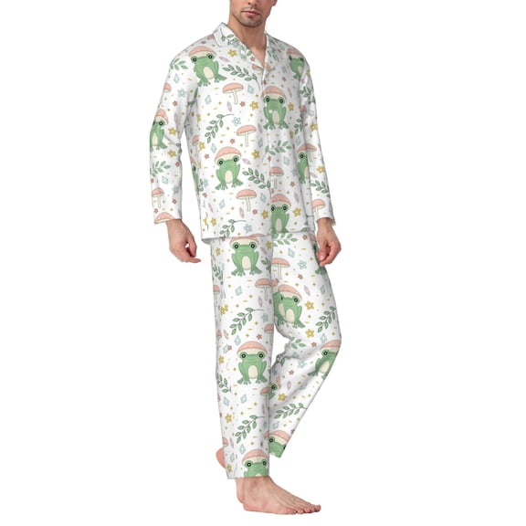 Mens Pajamas Set - Frog And Mushrooms Comfy Long Sleeve Button Up Pajama Sets for Men 2 Piece, Soft Sleepwear Nightwear Pjs Lounge Sets for Men with Pockets