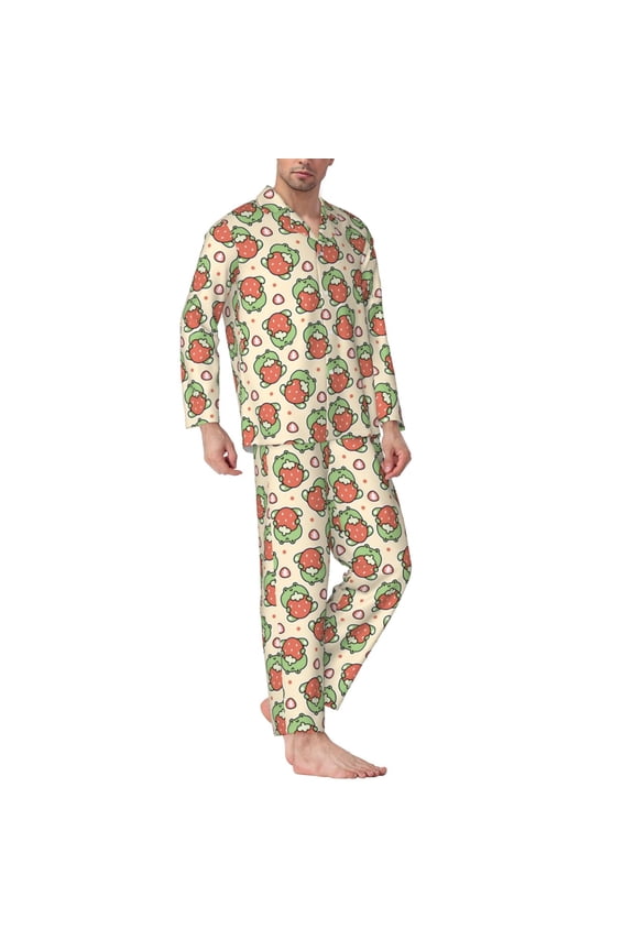 Mens Pajamas Set - Frog Hold Strawberry Comfy Long Sleeve Button Up Pajama Sets for Men 2 Piece, Soft Sleepwear Nightwear Pjs Lounge Sets for Men with Pockets