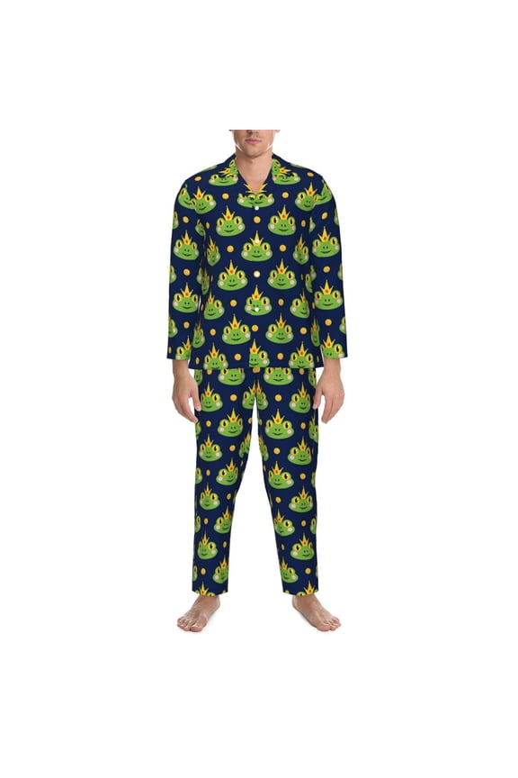 Mens Pajamas Set - Frog Prince Crowns Navyblue Comfy Long Sleeve Button Up Pajama Sets for Men 2 Piece, Soft Sleepwear Nightwear Pjs Lounge Sets for Men with Pockets
