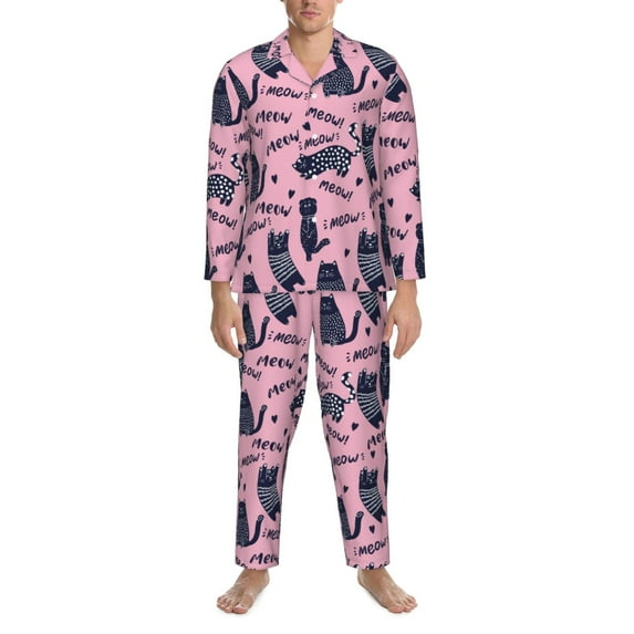 Mens Pajamas Set, Funny Black Cartoon Cat Button Down Long Sleeve Loungewear Sleepwear Pjs sets for Men