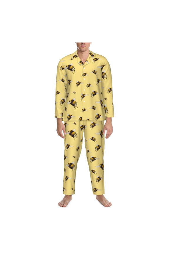 Mens Pajamas Set - Funny Bumblebees Yellow Comfy Long Sleeve Button Up Pajama Sets for Men 2 Piece, Soft Sleepwear Nightwear Pjs Lounge Sets for Men with Pockets