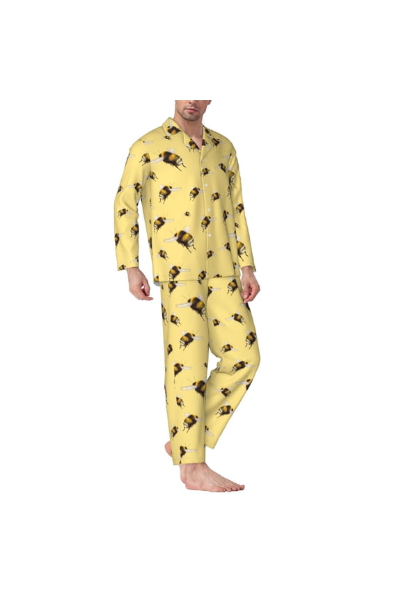 Mens Pajamas Set - Funny Bumblebees Yellow Comfy Long Sleeve Button Up Pajama Sets for Men 2 Piece, Soft Sleepwear Nightwear Pjs Lounge Sets for Men with Pockets