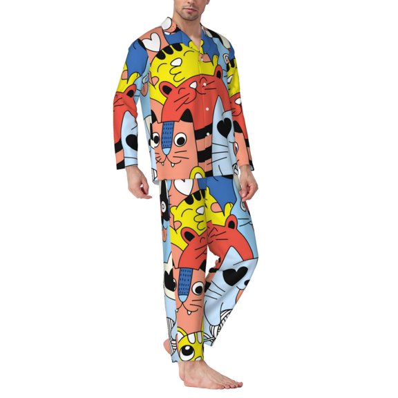 Mens Pajamas Set - Funny Cats Comfy Long Sleeve Button Up Pajama Sets for Men 2 Piece, Soft Sleepwear Nightwear Pjs Lounge Sets for Men with Pockets