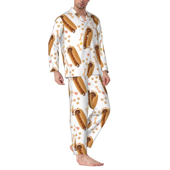 Mens Pajamas Set - Funny Dachshund Hot Dog Print Comfy Long Sleeve Button Up Pajama Sets for Men 2 Piece, Soft Sleepwear Nightwear Pjs Lounge Sets for Men with Pockets