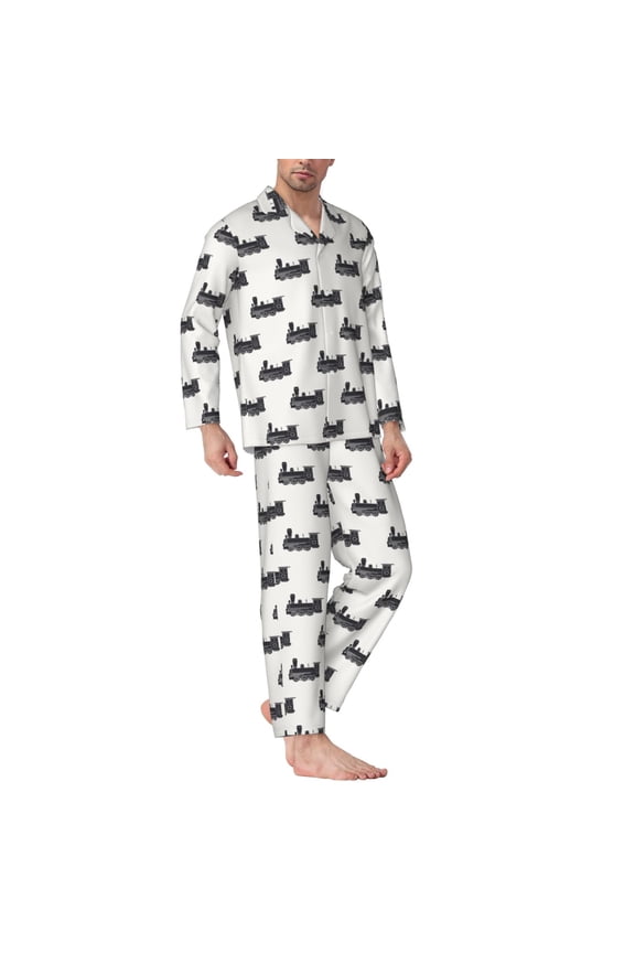 Mens Pajamas Set - Funny Train Pattern Comfy Long Sleeve Button Up Pajama Sets for Men 2 Piece, Soft Sleepwear Nightwear Pjs Lounge Sets for Men with Pockets