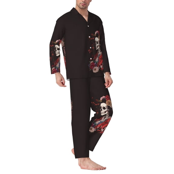 Mens Pajamas Set - Geisha Skeleton With Flowers Comfy Long Sleeve Button Up Pajama Sets for Men 2 Piece, Soft Sleepwear Nightwear Pjs Lounge Sets for Men with Pockets