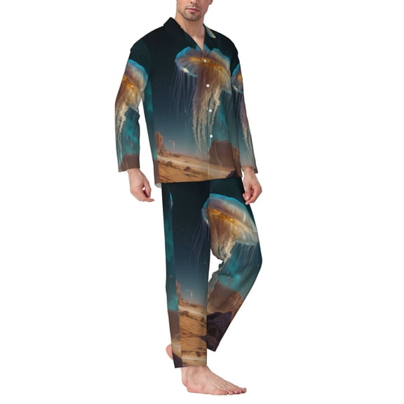Mens Pajamas Set - Giant Jellyfish In Desert Comfy Long Sleeve Button Up Pajama Sets for Men 2 Piece, Soft Sleepwear Nightwear Pjs Lounge Sets for Men with Pockets
