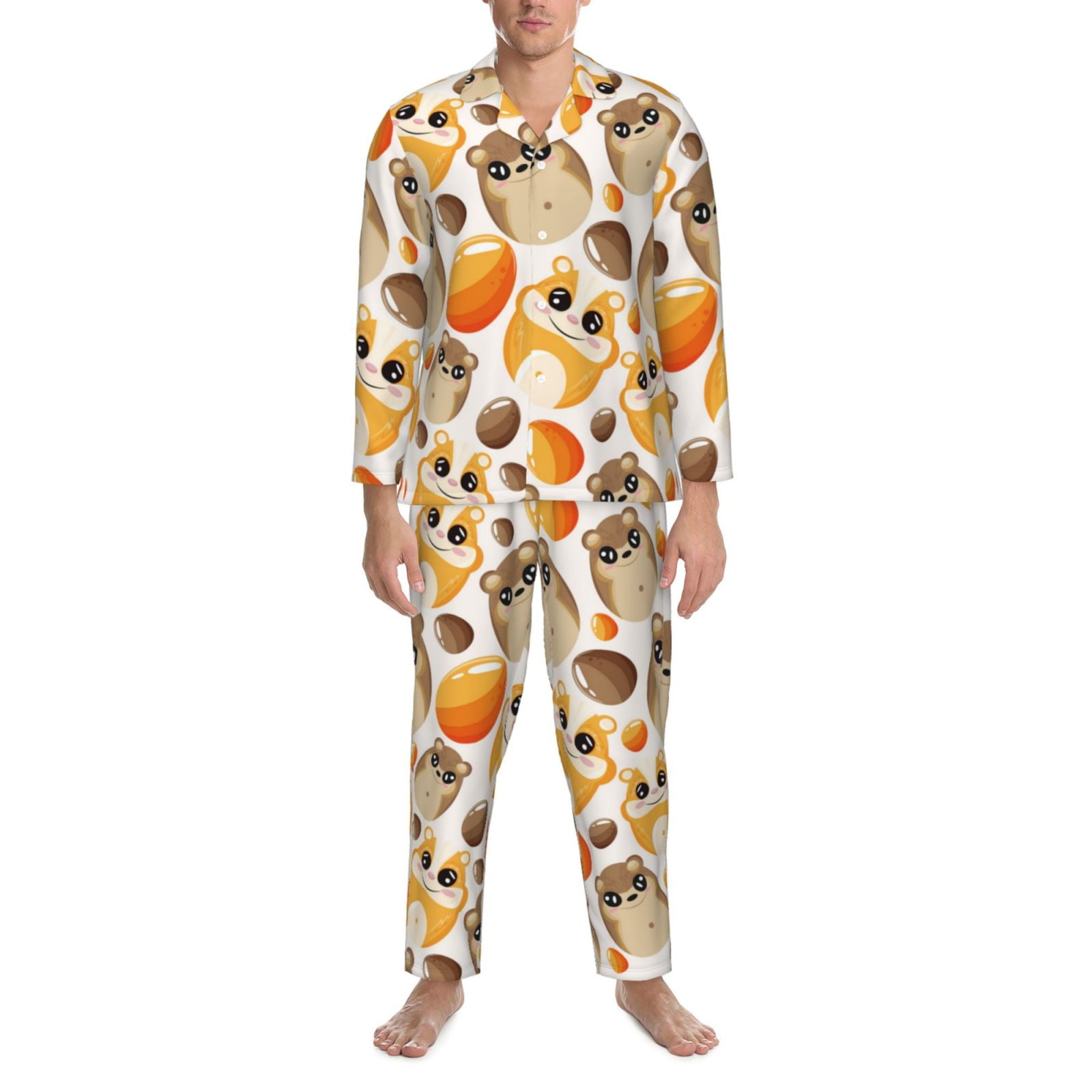 Mens Pajamas Set Glamorous Cute Cartoon Hamster Soft Comfy Long Sleeve Button Up Pajama Sets for Men 2 Piece Sleepwear Nightwear Pjs Lounge Sets for Men with Pockets Walmart