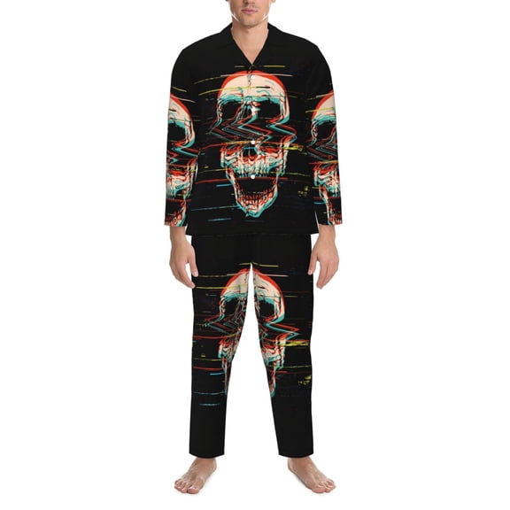 Mens Pajamas Set - Glitch Screaming Skull Comfy Long Sleeve Button Up Pajama Sets for Men 2 Piece, Soft Sleepwear Nightwear Pjs Lounge Sets for Men with Pockets