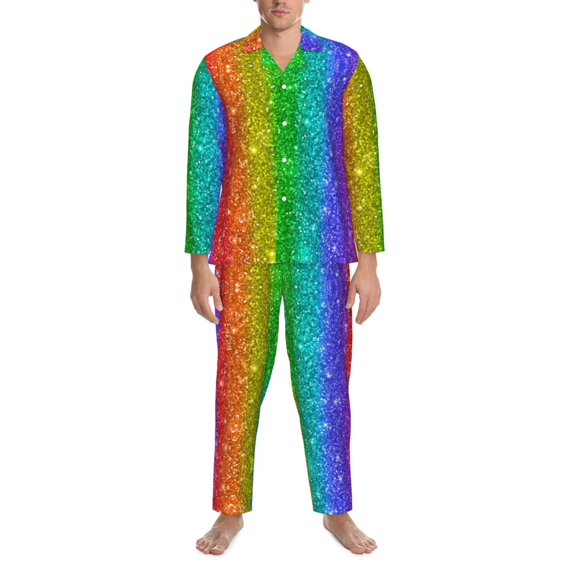 Mens Pajamas Set - Glitter Rainbow Printa Comfy Long Sleeve Button Up Pajama Sets for Men 2 Piece, Soft Sleepwear Nightwear Pjs Lounge Sets for Men with Pockets