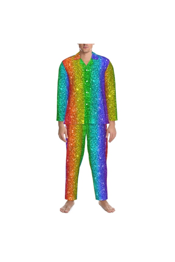 Mens Pajamas Set - Glitter Rainbow Printa Comfy Long Sleeve Button Up Pajama Sets for Men 2 Piece, Soft Sleepwear Nightwear Pjs Lounge Sets for Men with Pockets