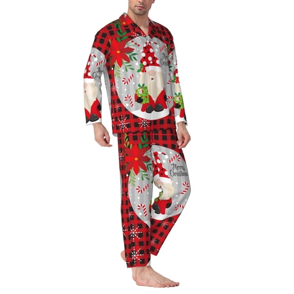 Mens Pajamas Set - Gnome And Buffalo Plaid Comfy Long Sleeve Button Up Pajama Sets for Men 2 Piece, Soft Sleepwear Nightwear Pjs Lounge Sets for Men with Pockets