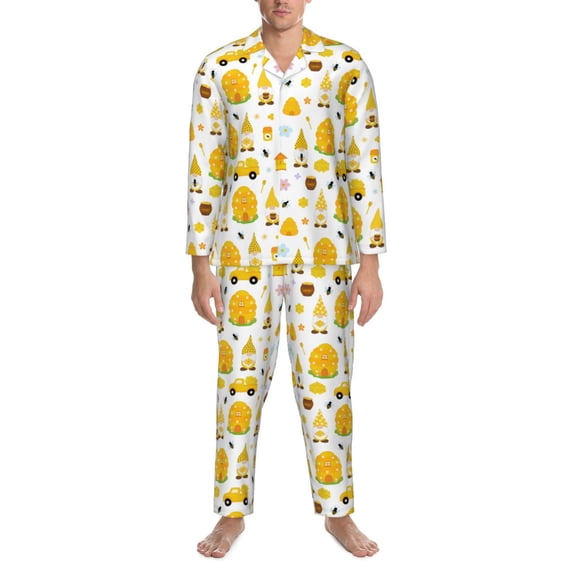 Mens Pajamas Set - Gnomes Bees Comfy Long Sleeve Button Up Pajama Sets for Men 2 Piece, Soft Sleepwear Nightwear Pjs Lounge Sets for Men with Pockets