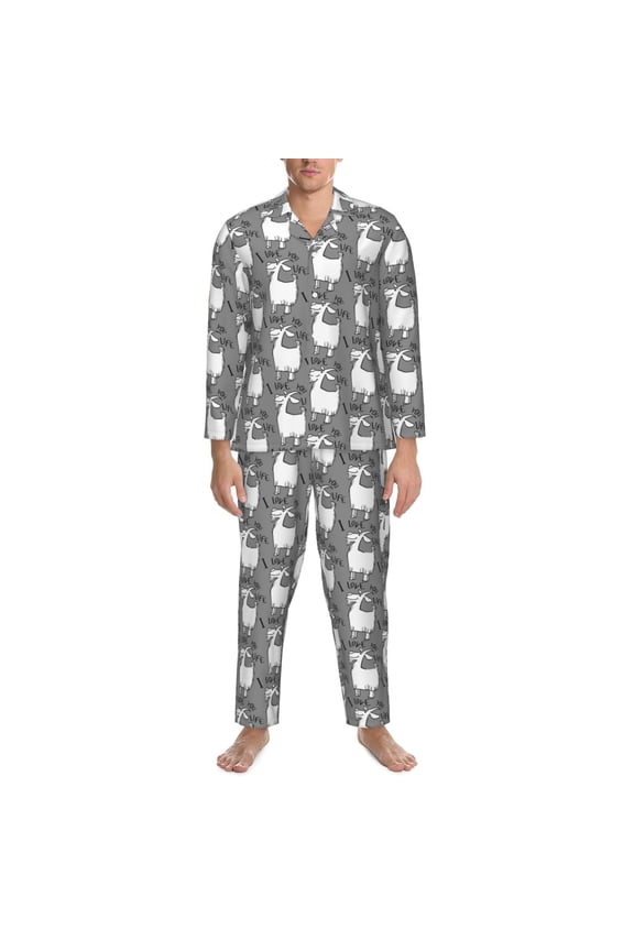 Mens Pajamas Set - Goat Funny Grey Cute Comfy Long Sleeve Button Up Pajama Sets for Men 2 Piece, Soft Sleepwear Nightwear Pjs Lounge Sets for Men with Pockets