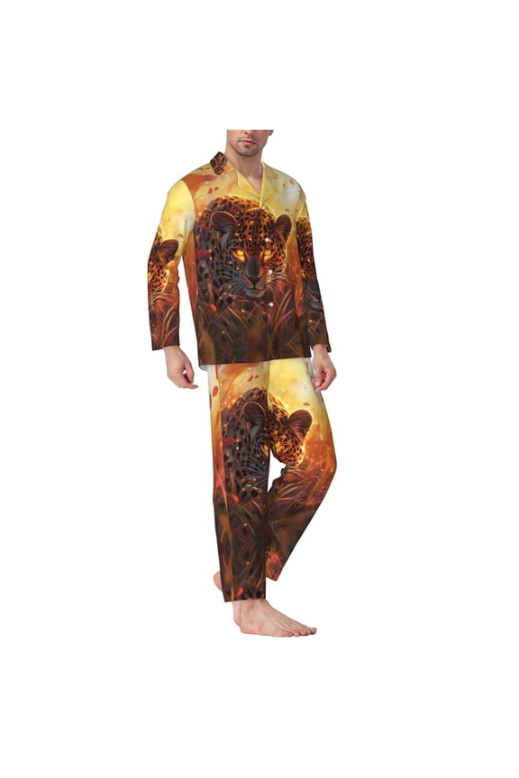 Mens Pajamas Set - Golden Glowing Leopard Comfy Long Sleeve Button Up Pajama Sets for Men 2 Piece, Soft Sleepwear Nightwear Pjs Lounge Sets for Men with Pockets