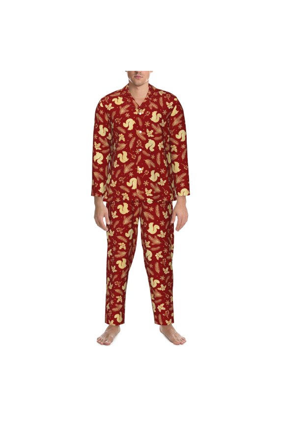 Mens Pajamas Set - Golden Squirrels Holiday Comfy Long Sleeve Button Up Pajama Sets for Men 2 Piece, Soft Sleepwear Nightwear Pjs Lounge Sets for Men with Pockets