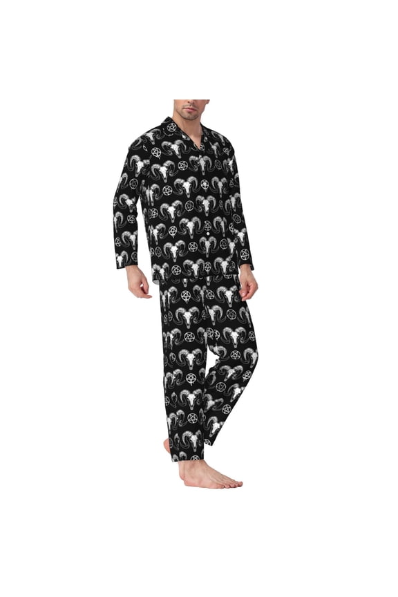 Mens Pajamas Set - Gothic Cool Goat Skull Comfy Long Sleeve Button Up Pajama Sets for Men 2 Piece, Soft Sleepwear Nightwear Pjs Lounge Sets for Men with Pockets