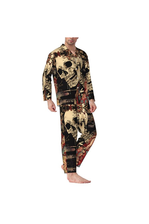 Mens Pajamas Set - Gothic Eastern Floral Skull Comfy Long Sleeve Button Up Pajama Sets for Men 2 Piece, Soft Sleepwear Nightwear Pjs Lounge Sets for Men with Pockets