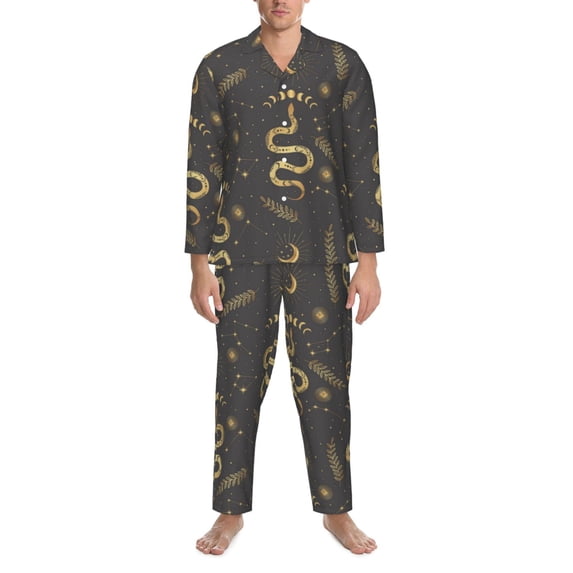 Mens Pajamas Set, Gothic Funny Golden Snake Moon Button Down Long Sleeve Loungewear Sleepwear Pjs sets for Men