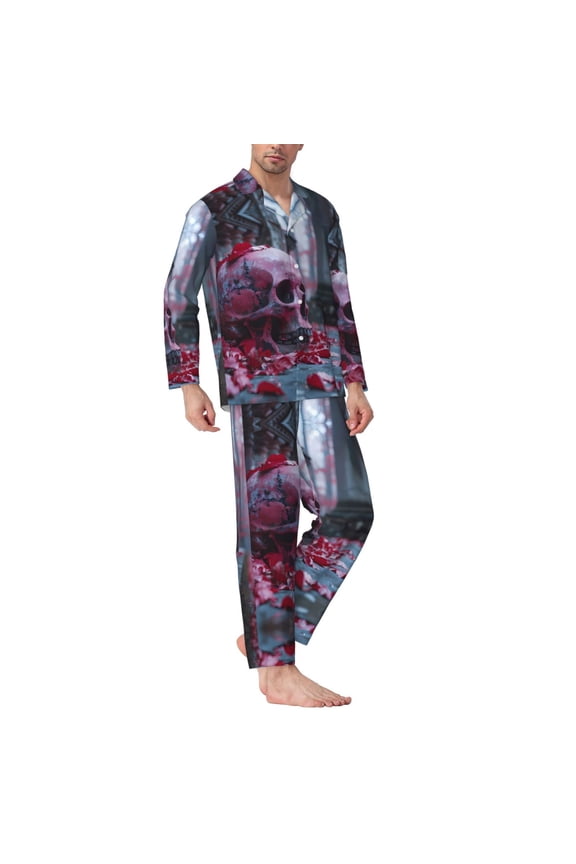 Mens Pajamas Set - Gothic Red Skull Cemetery Comfy Long Sleeve Button Up Pajama Sets for Men 2 Piece, Soft Sleepwear Nightwear Pjs Lounge Sets for Men with Pockets