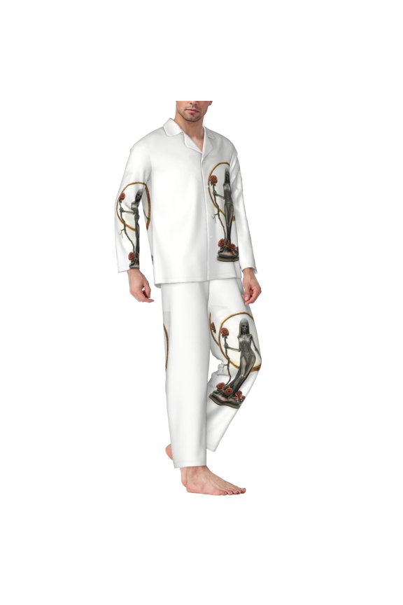 Mens Pajamas Set - Gothic Skeleton With Roses Comfy Long Sleeve Button Up Pajama Sets for Men 2 Piece, Soft Sleepwear Nightwear Pjs Lounge Sets for Men with Pockets