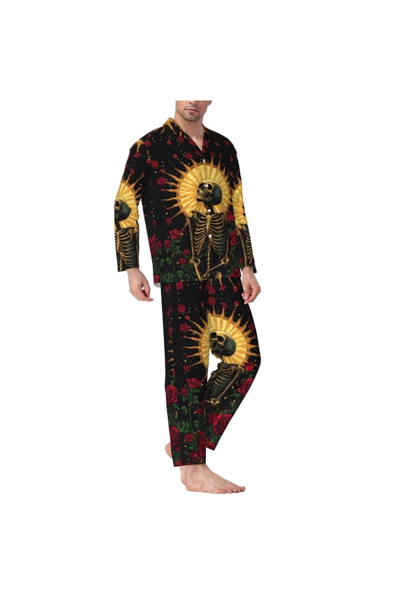 Mens Pajamas Set - Gothic Skeleton With Roses Comfy Long Sleeve Button Up Pajama Sets for Men 2 Piece, Soft Sleepwear Nightwear Pjs Lounge Sets for Men with Pockets