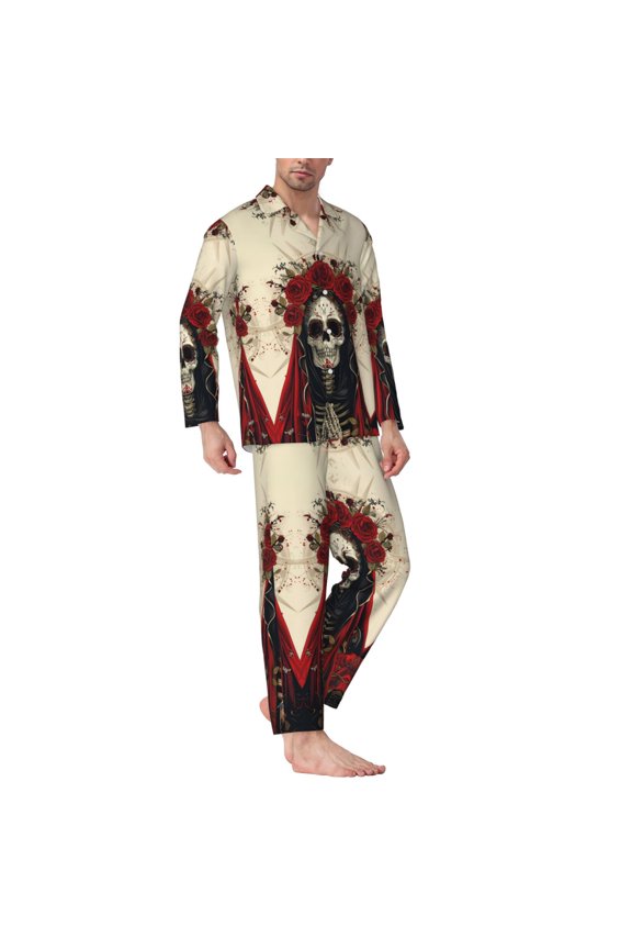 Mens Pajamas Set - Gothic Skull With Roses Comfy Long Sleeve Button Up Pajama Sets for Men 2 Piece, Soft Sleepwear Nightwear Pjs Lounge Sets for Men with Pockets