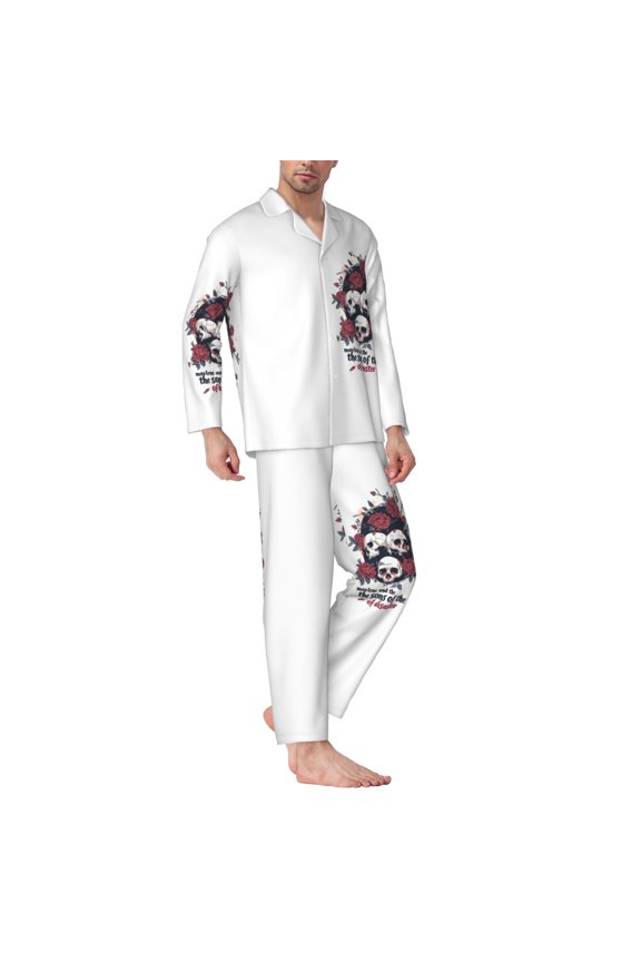 Mens Pajamas Set - Gothic Skulls And Roses Comfy Long Sleeve Button Up Pajama Sets for Men 2 Piece, Soft Sleepwear Nightwear Pjs Lounge Sets for Men with Pockets