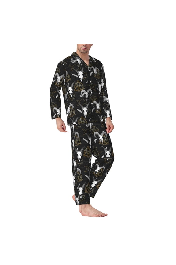 Mens Pajamas Set - Gothic Style Cool Goat Skull Comfy Long Sleeve Button Up Pajama Sets for Men 2 Piece, Soft Sleepwear Nightwear Pjs Lounge Sets for Men with Pockets