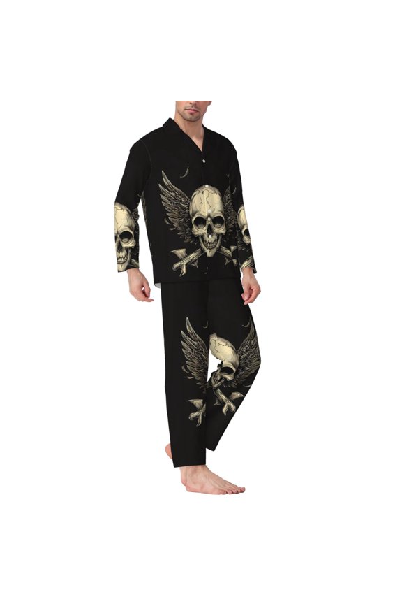 Mens Pajamas Set - Gothic Winged Skull Comfy Long Sleeve Button Up Pajama Sets for Men 2 Piece, Soft Sleepwear Nightwear Pjs Lounge Sets for Men with Pockets