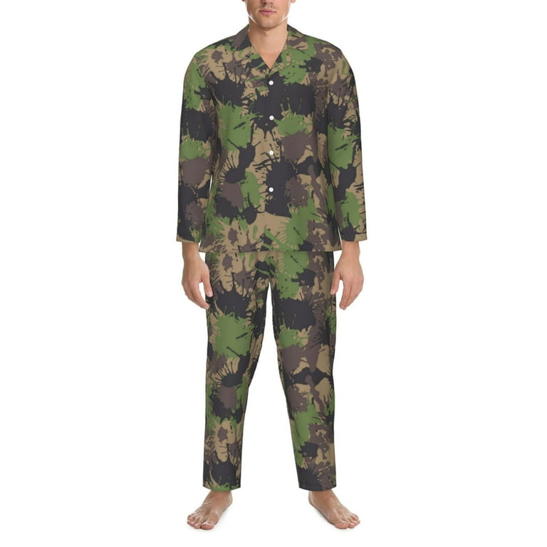 Mens Pajamas Set Green Gray Camouflage Soft Comfy Long Sleeve