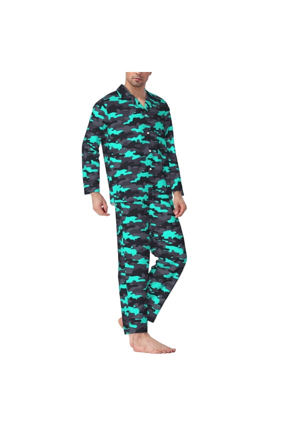 Mens Pajamas Set - Grey Green Camouflage Comfy Long Sleeve Button Up Pajama Sets for Men 2 Piece, Soft Sleepwear Nightwear Pjs Lounge Sets for Men with Pockets