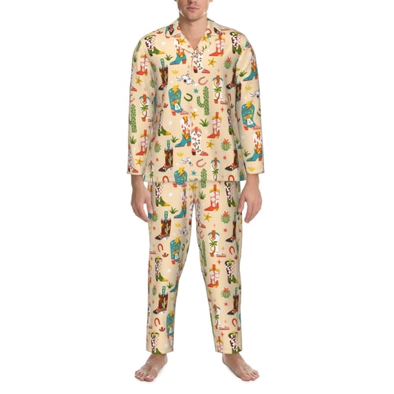 Mens Pajamas Set - Groovy American Western Footwear Comfy Long Sleeve Button Up Pajama Sets for Men 2 Piece, Soft Sleepwear Nightwear Pjs Lounge Sets for Men with Pockets
