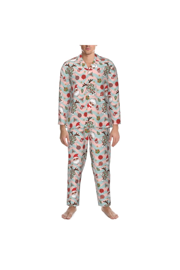 Mens Pajamas Set - Groovy Retro Santa Comfy Long Sleeve Button Up Pajama Sets for Men 2 Piece, Soft Sleepwear Nightwear Pjs Lounge Sets for Men with Pockets