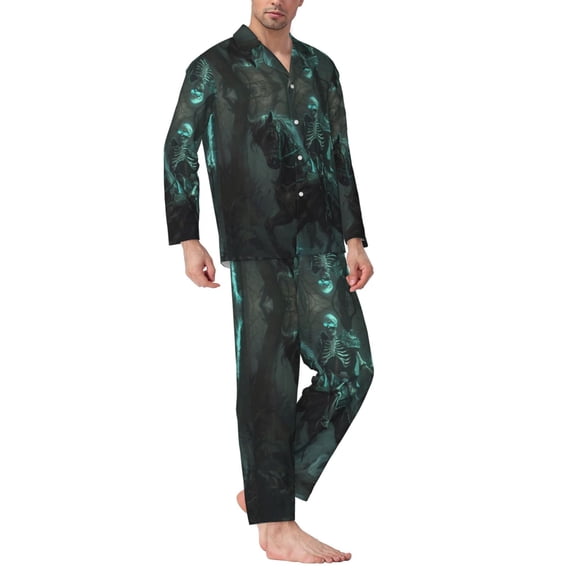 Mens Pajamas Set - Halloween Cold Flame Knight Comfy Long Sleeve Button Up Pajama Sets for Men 2 Piece, Soft Sleepwear Nightwear Pjs Lounge Sets for Men with Pockets